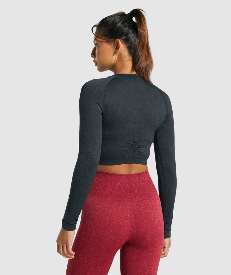 Women's Gymshark Adapt Fleck Seamless Long Sleeve Cropped Tops Black | NZ 6BWJSC